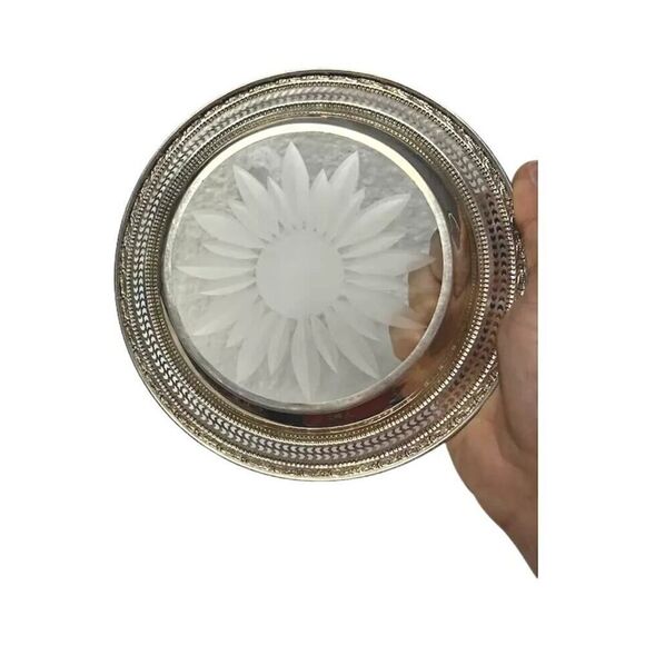 Vintage Frank Whiting Bottle Coaster Saucer Sterling Silver & Crystal Glass 6.5" - Picture 4 of 9